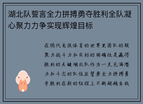 湖北队誓言全力拼搏勇夺胜利全队凝心聚力力争实现辉煌目标