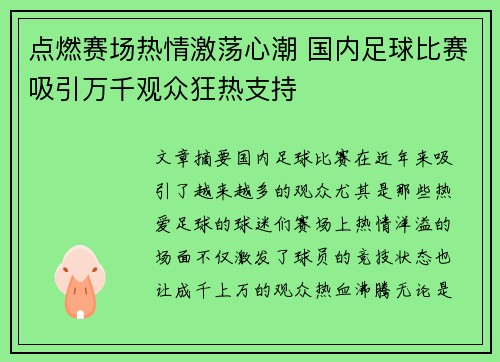 点燃赛场热情激荡心潮 国内足球比赛吸引万千观众狂热支持